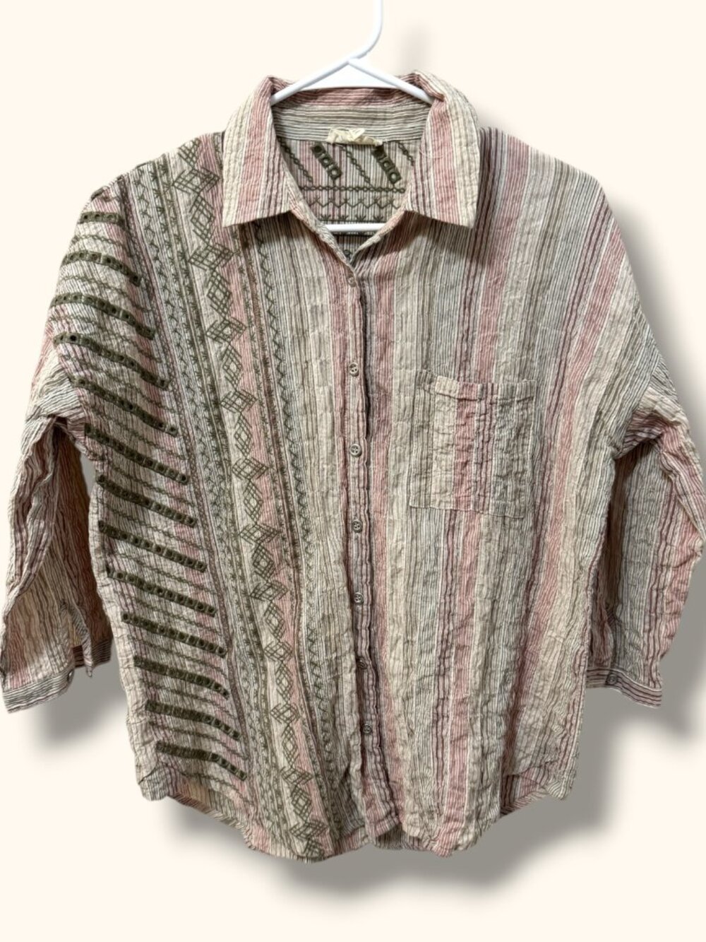 Mystree Shirt Womens S Striped Embroidered Button Front 100% Cotton Lightweight